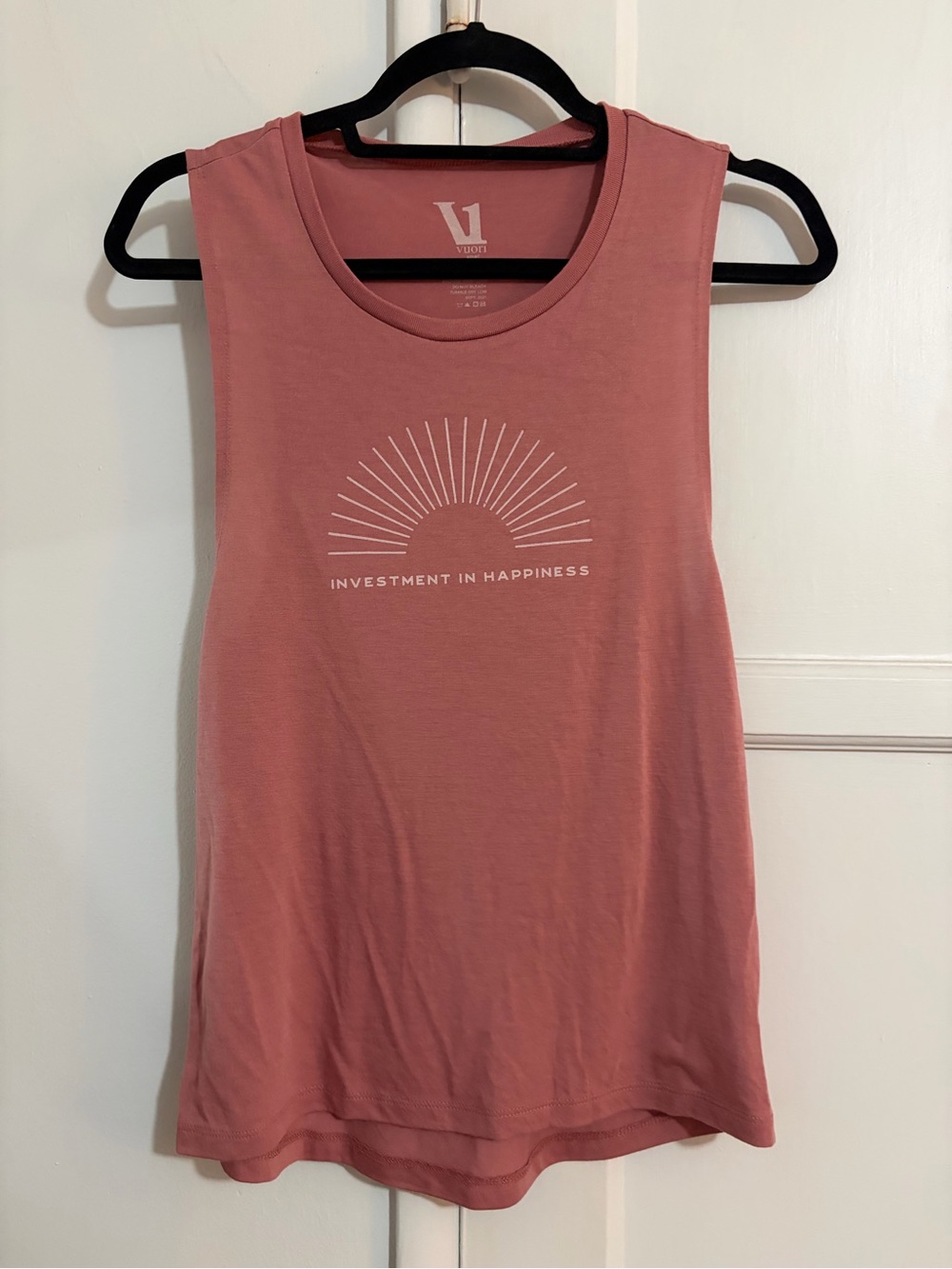 Vuori Dusty Rose Graphic Muscle Tank - 'Investment in Happiness'
